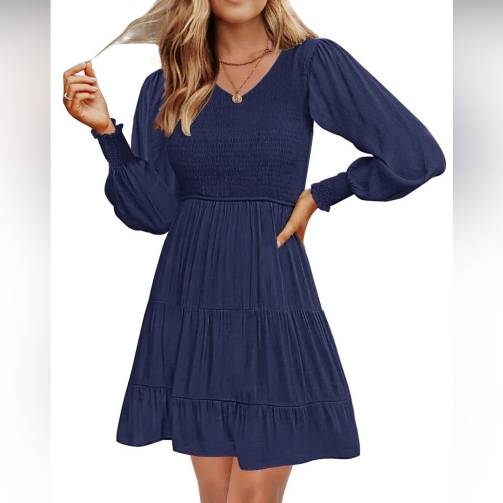 MEROKEETY LONG SLEEVE SMOCKED TIERED MINI DRESS SIZE M New
